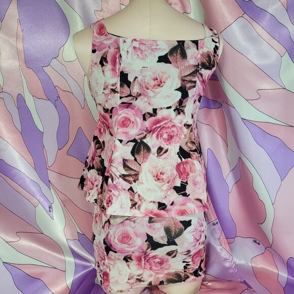 Pink Rose Mini Dress Size Small Japan Floral Bodycon Peplum Gyaru Gal Style Y2K - Picture 5 of 10